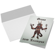 Folded holiday greeting card featuring Krampus, the fearsome horned figure from German folklore associated with Krampusnacht. Designed with a mischievous, dark-humor aesthetic, this 7" x 5" (17.8 cm x 12.7 cm) card is printed on premium Fine Finch 110# card stock. Made in the USA, it includes a blank interior for personalized messages and a white envelope for easy gifting. Perfect for gothic or folklore enthusiasts seeking unique Christmas card options.