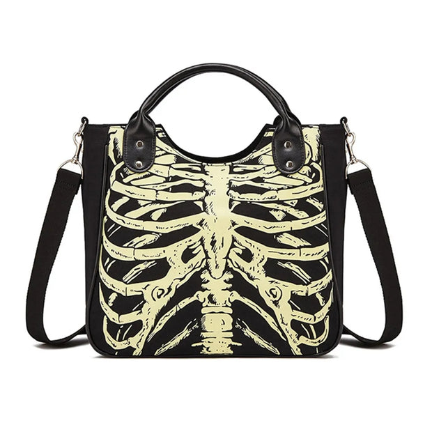 Handbag with skeleton design on a white background