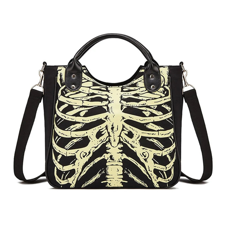 Handbag with skeleton design on a white background