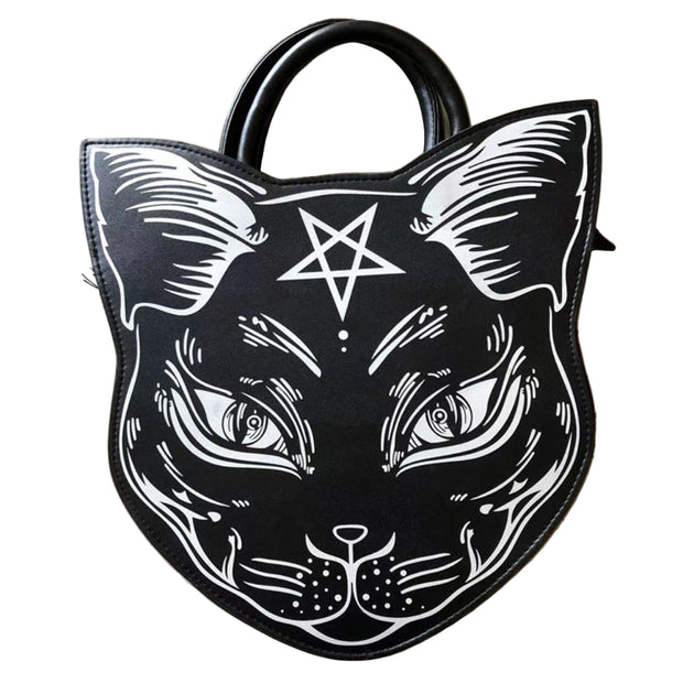 Black cat-shaped bag with a pentagram symbol on a beige background