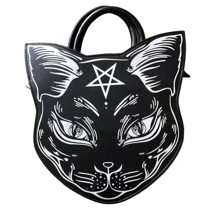 Black cat-shaped bag with a pentagram symbol on a beige background