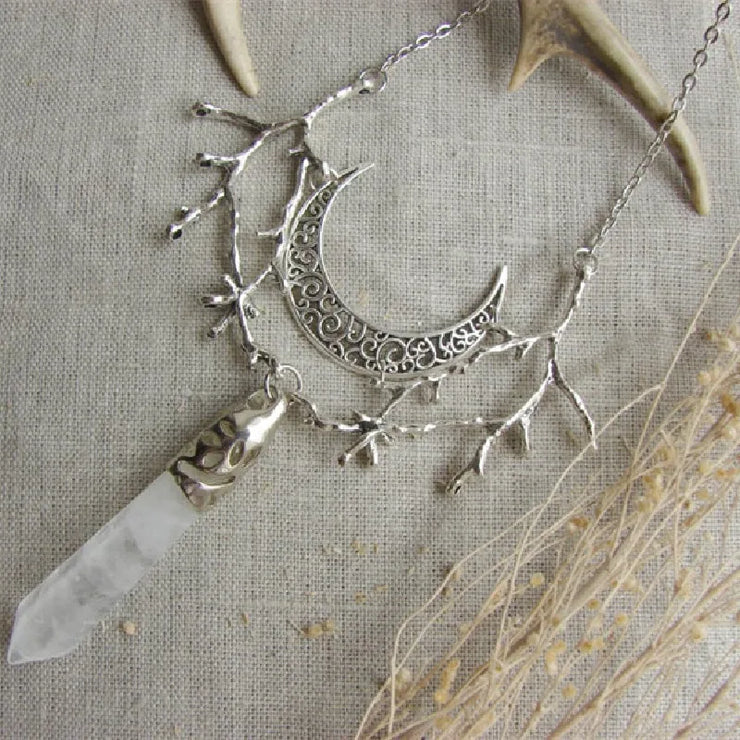 Moon Branches White Crystal Crescent Necklace