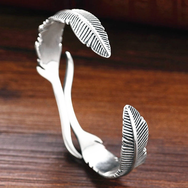 Two Feather Adjustable Silver Cuff Bracelet
