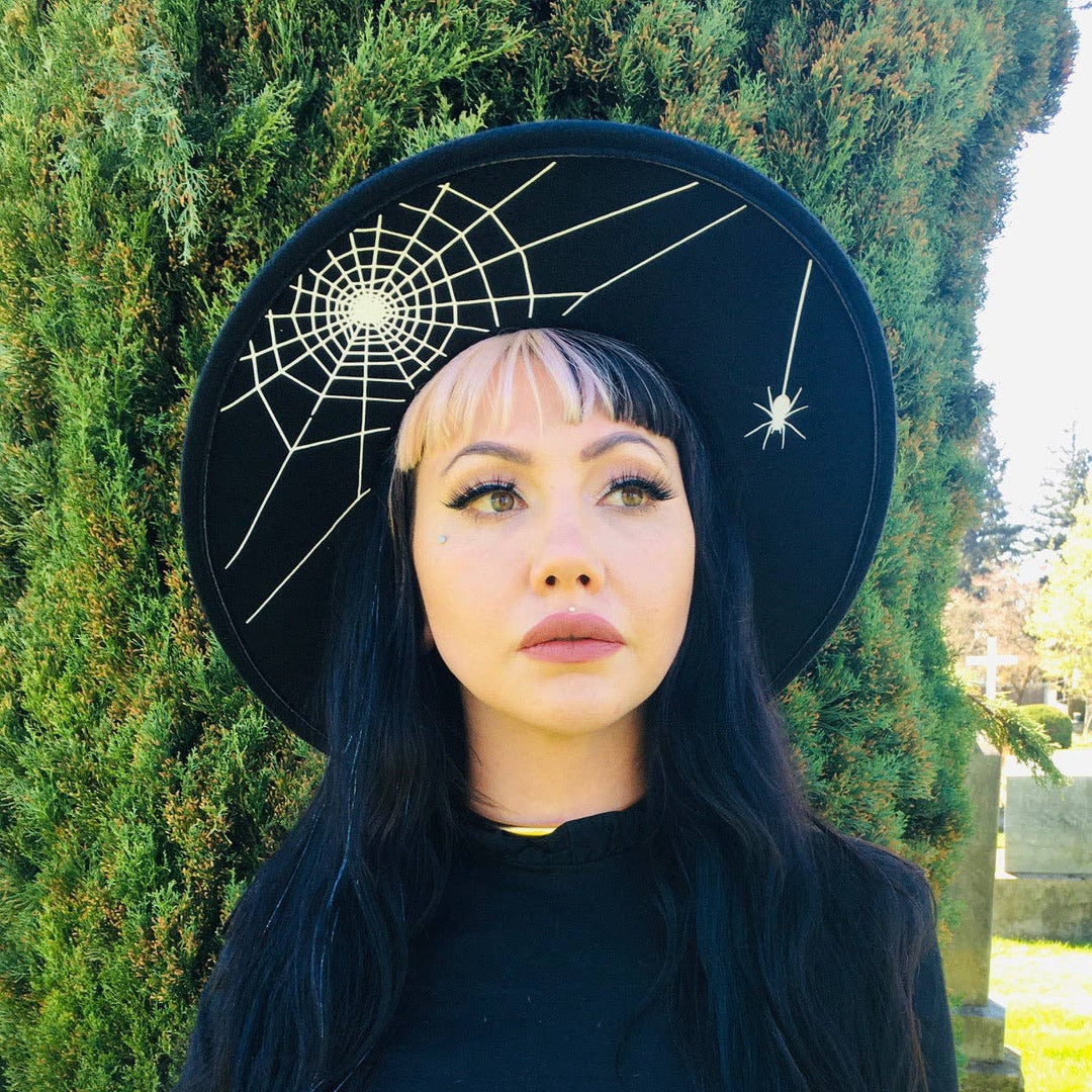 Vegan Black Spiderweb Felt Wide-Brim Witch Hat with Web Accent Vegan Felt Hat - XL Brim - Hanging Spider Web – ModCloth main image 3