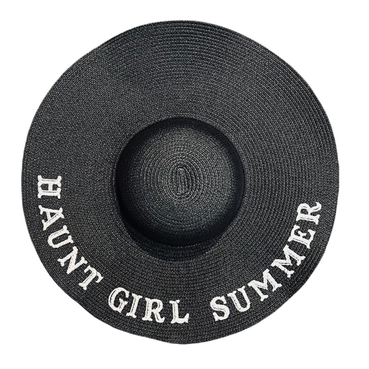 Black straw hat with 'HAUNT GIRL SUMMER' text on a white background
