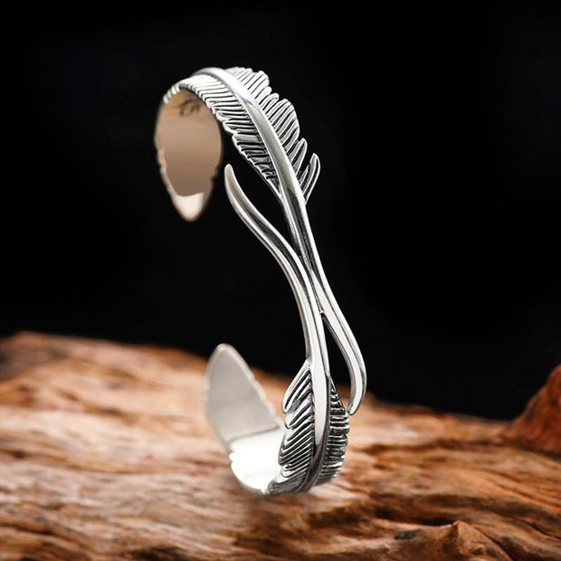 Two Feather Adjustable Silver Cuff Bracelet
