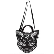 Black cat-shaped bag with a pentagram symbol on a white background