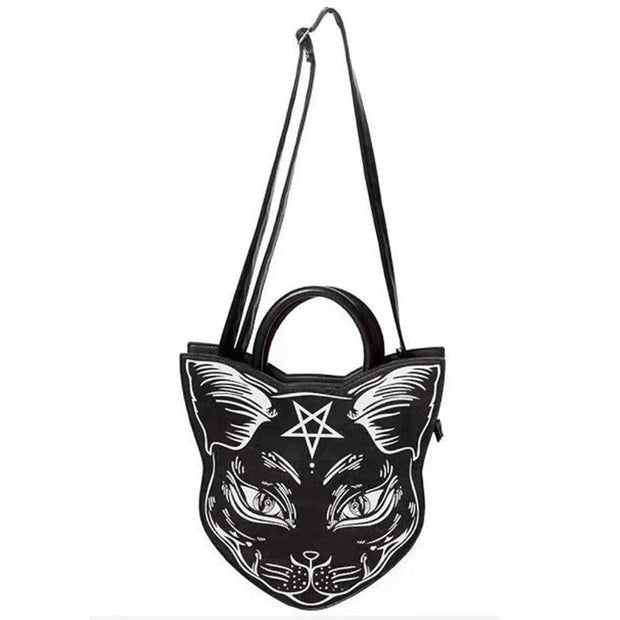 Black cat-shaped bag with a pentagram symbol on a white background