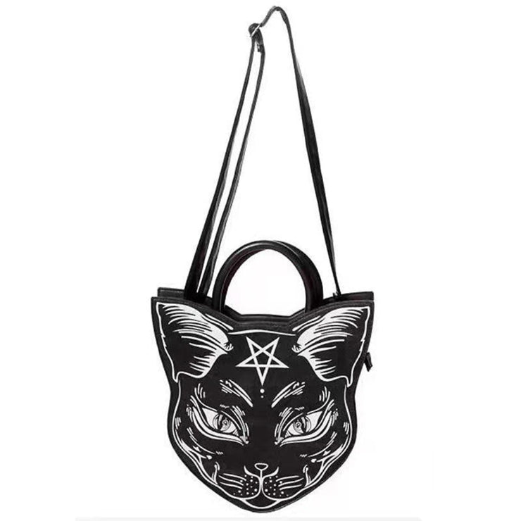 Black cat-shaped bag with a pentagram symbol on a white background