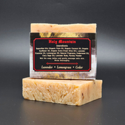 Bar of soap with a label on a dark background