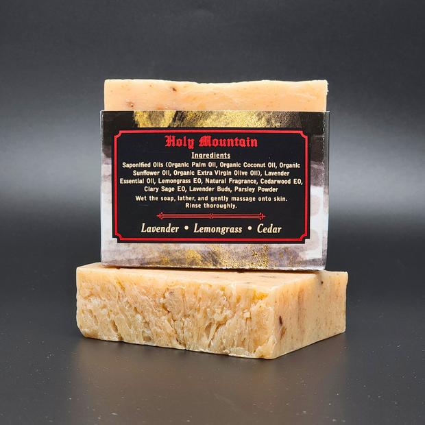 Bar of soap with a label on a dark background