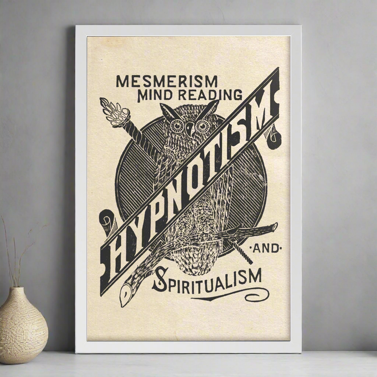 Vintage-inspired Hypnotism Owl artwork, featuring a captivating owl design symbolizing mystery and wisdom, perfect for gothic home decor.