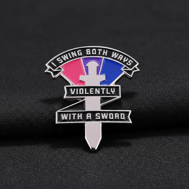 Metallic sword-themed badge with text on a black background