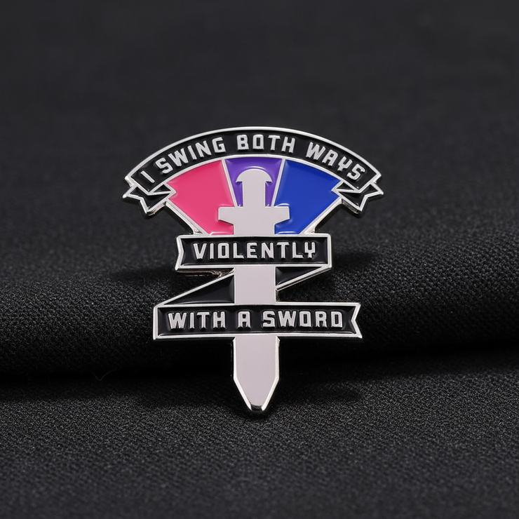 Metallic sword-themed badge with text on a black background