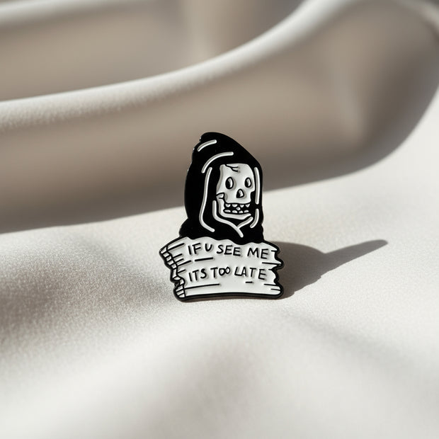 Black and white illustration of a skeleton holding a sign with text on a textured beige background