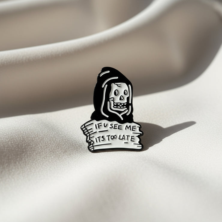 Black and white illustration of a skeleton holding a sign with text on a textured beige background