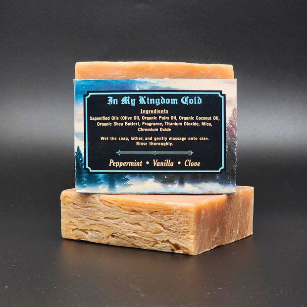 Bar of soap with a label on a dark background