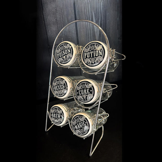 Kitchen Witch Alchemy Jar Spice Rack by Alchemy Gothic - Six Jar Set with Stainless Steel Storage Rack - Perfect for Spices, Coffee, Tea, Sugar, or Home Organization - Apothecary Jars Labeled Poison, Potion, Hexes, Cure, Brew, and Magic - Alchemy Aesthetic - Witchy Kitchen - Kitchen Witch - Makes a Great Gift