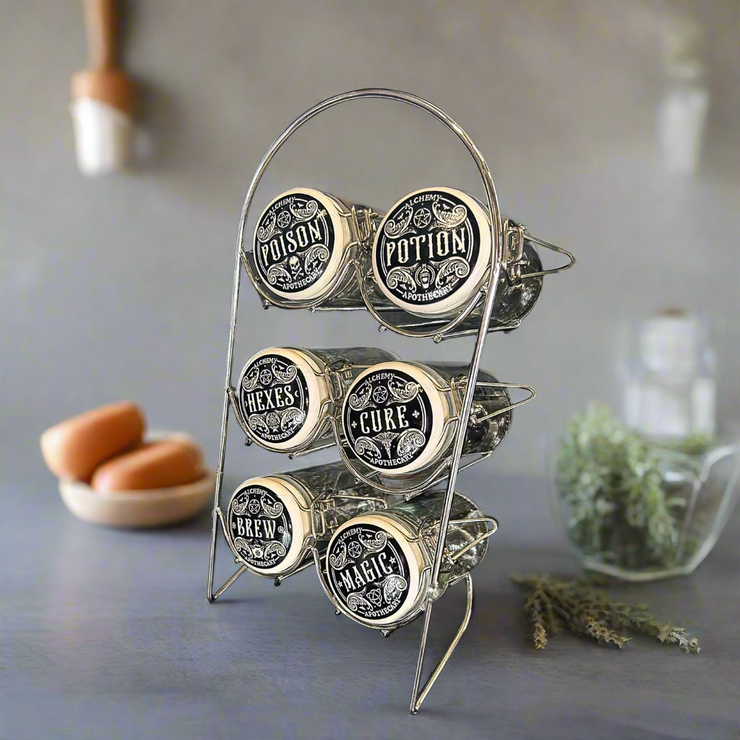 Kitchen Witch Alchemy Jar Spice Rack by Alchemy Gothic - Six Jar Set with Stainless Steel Storage Rack - Perfect for Spices, Coffee, Tea, Sugar, or Home Organization - Apothecary Jars Labeled Poison, Potion, Hexes, Cure, Brew, and Magic - Alchemy Aesthetic - Witchy Kitchen - Kitchen Witch - Makes a Great Gift