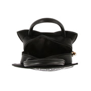 Black handbag with unique design on a white background