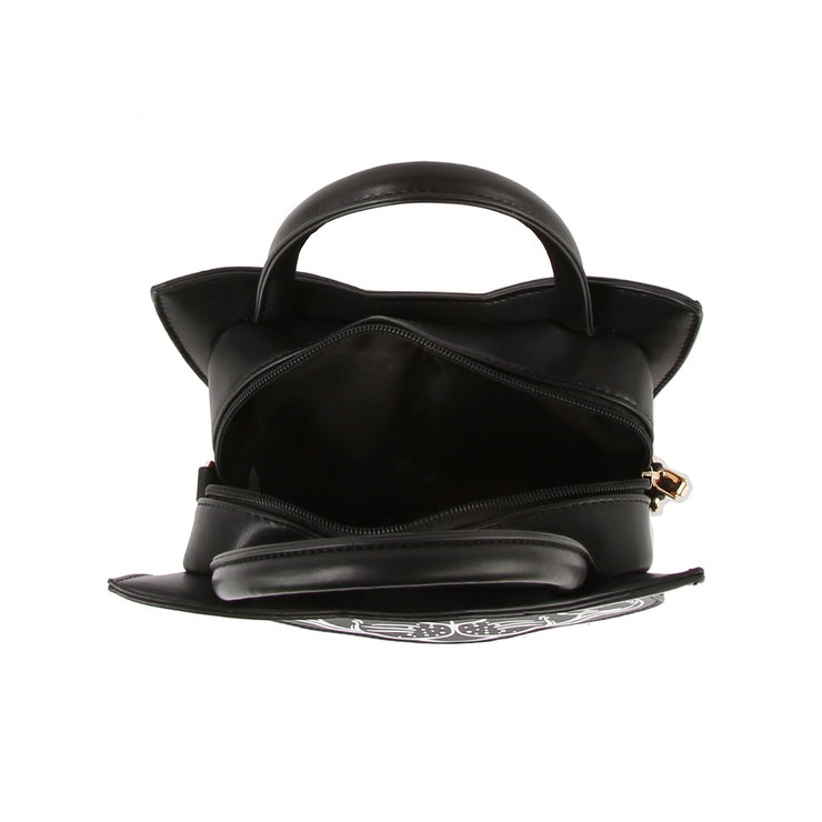 Black handbag with unique design on a white background