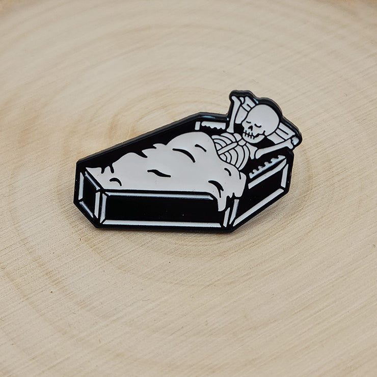 "Laid to Rest" Chill Skeleton in Coffin Enamel Lapel Pin