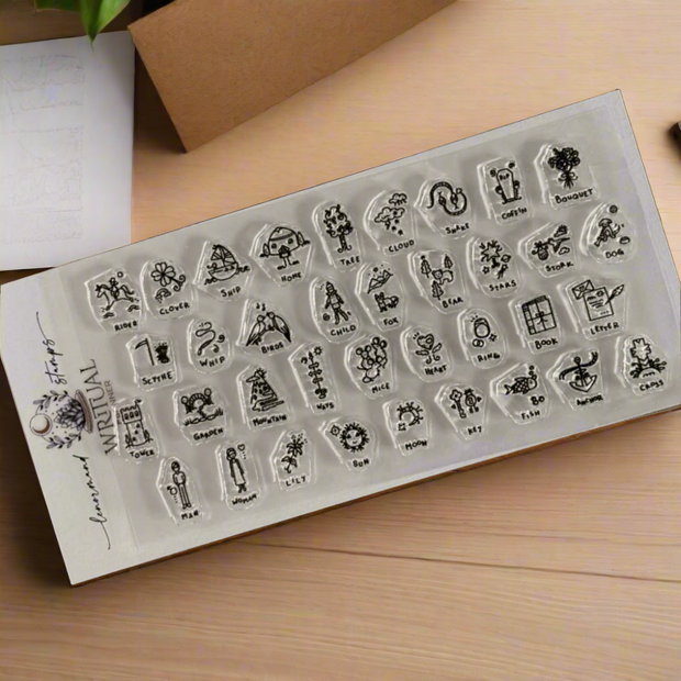Clear stamp set with various designs on a wooden surface