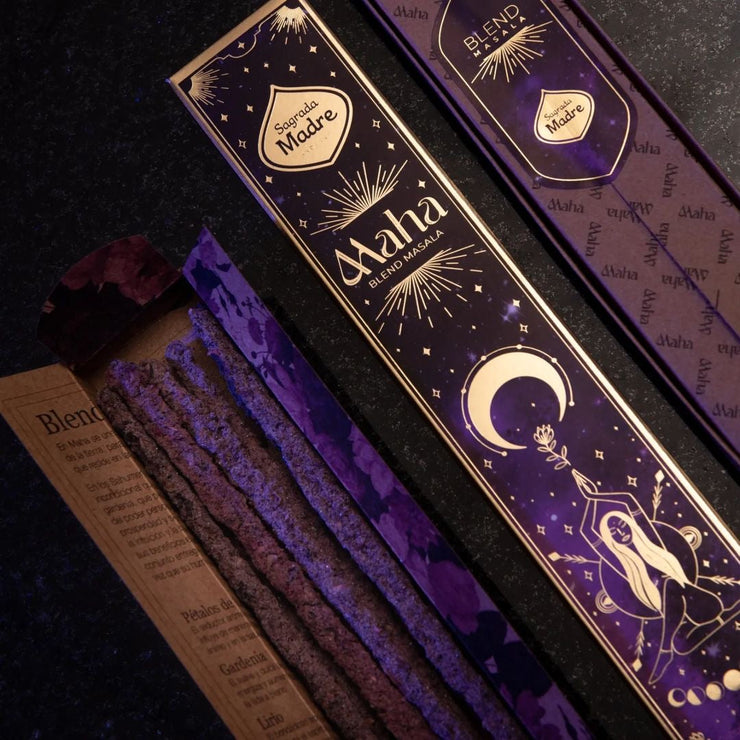 A box of Maha Blend Masala incense sticks with decorative design and branding.