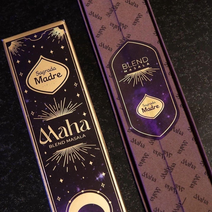 Two Maha Blend Masala packaging on a dark textured background