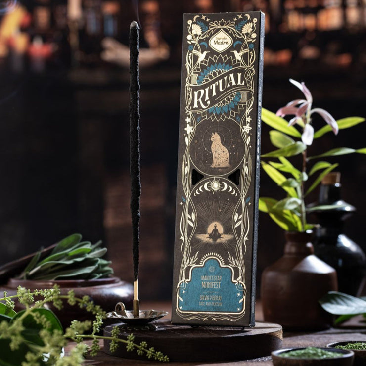 Ritual incense burner with smoke and plants on a dark background