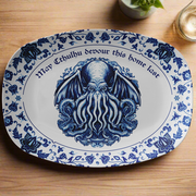 Decorative plate with blue Cthulhu design and text on a wooden surface
