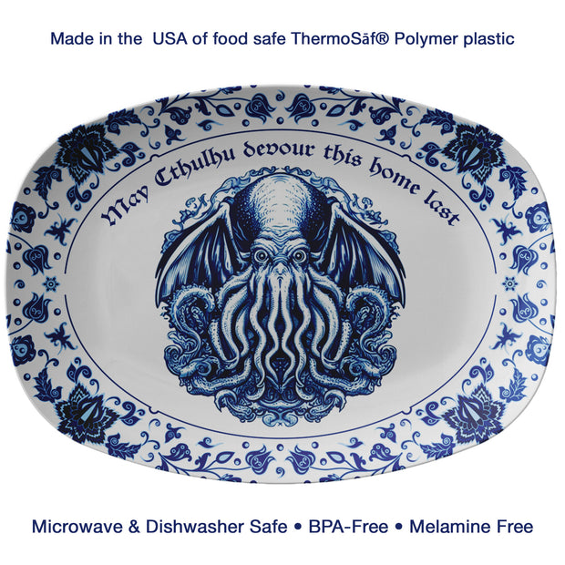 Oval platter with blue Cthulhu design and text on a white background