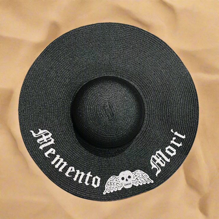 "Memento Mori" Gothic Floppy Sun Hat - Black Straw, XL Brim