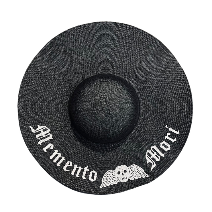 "Memento Mori" Gothic Floppy Sun Hat - Black Straw, XL Brim