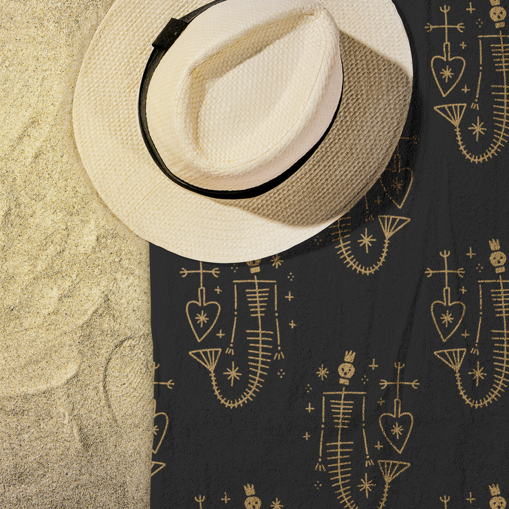Gold mermaid skeleton pattern on a black beach towel, 30"x60", lightweight and quick-drying for beach, poolside, or lounging.