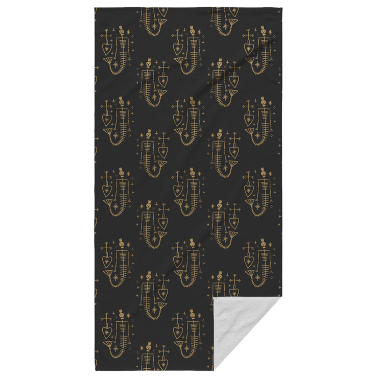 Gold mermaid skeleton pattern on a black beach towel, 30"x60", lightweight and quick-drying for beach, poolside, or lounging.