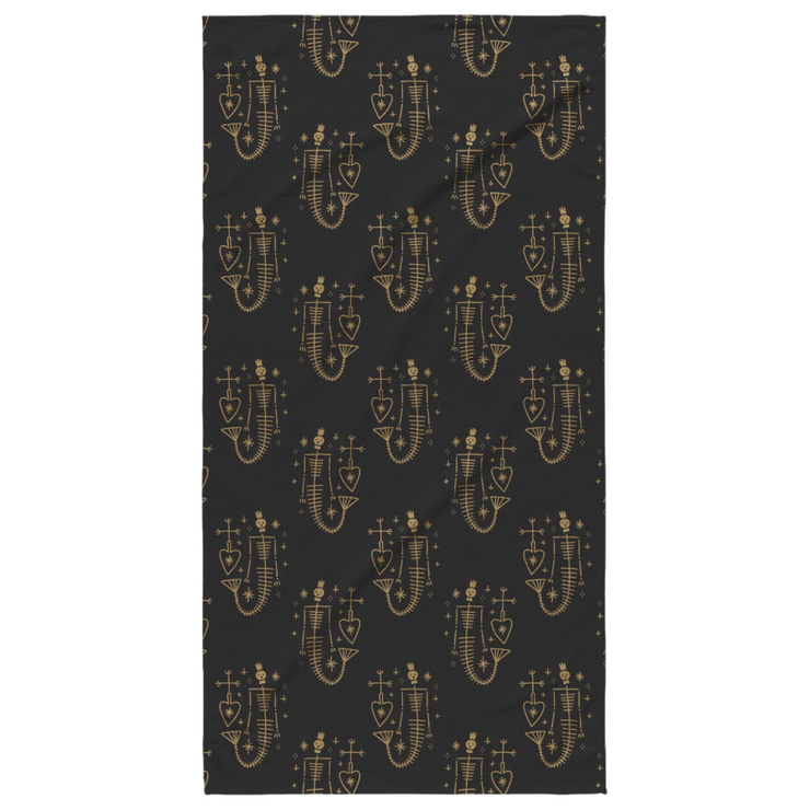 Gold mermaid skeleton pattern on a black beach towel, 30"x60", lightweight and quick-drying for beach, poolside, or lounging.