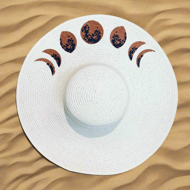 "Moon Phase" Gothic Floppy Sun Hat - White Straw, XL Brim