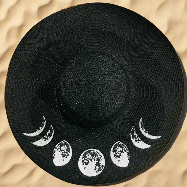 "Moon Phases" Gothic Floppy Sun Hat - Black Straw, XL Brim