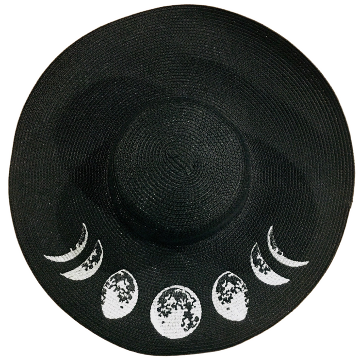 Black straw hat with white moon phases on a white background
