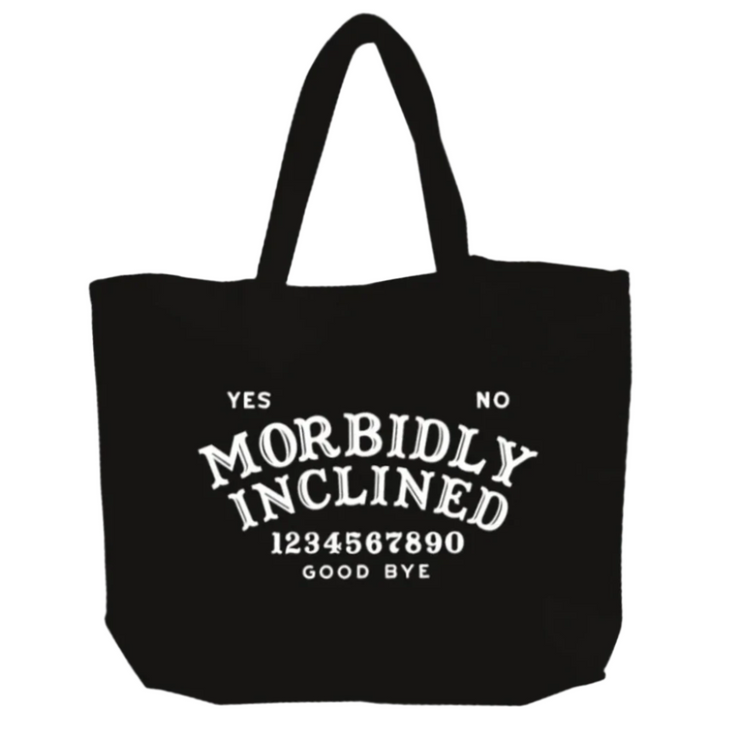 Black tote bag with white text on a white background