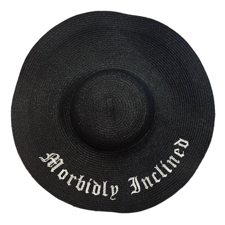Black straw hat with 'Morbidly Inclined' text on a white background