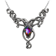 Ornate necklace with a colorful gemstone on a white background