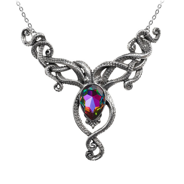 Ornate necklace with a colorful gemstone on a white background
