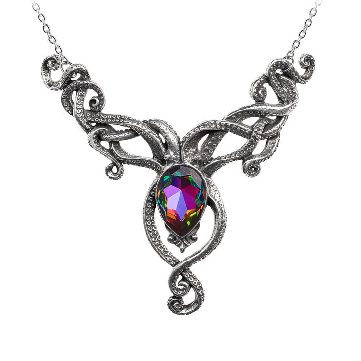 Ornate necklace with a colorful gemstone on a white background