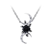 Goddess of the Black Rose Necklace by Alchemy Gothic, an alternative allegory for the Triple Moon Goddess with a black rose 'moon' and crystal-studded crescents representing waxing and waning phases.