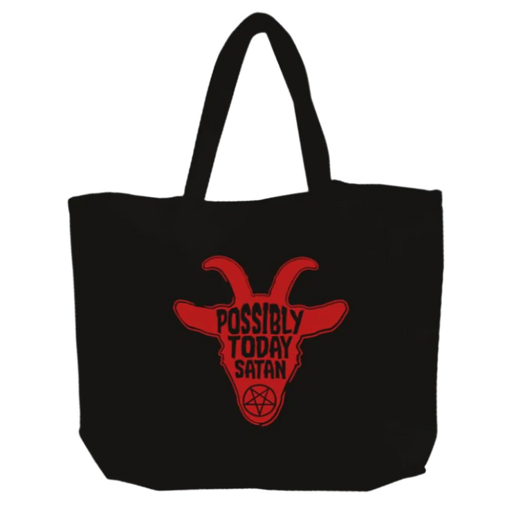 Black tote bag with red goat head design and text on a white background