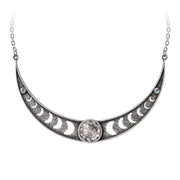 Silver necklace with moon phase design on a white background