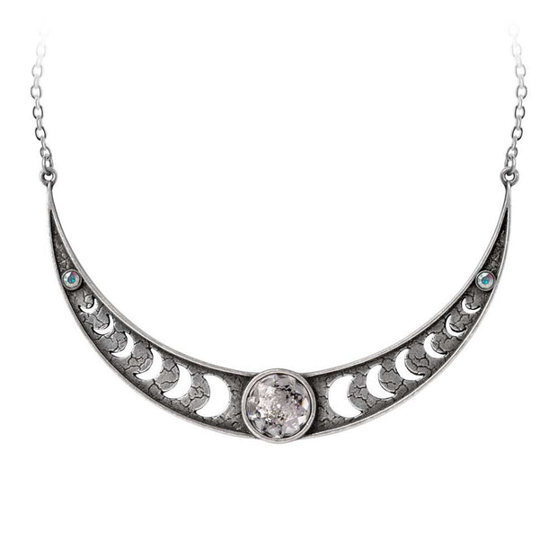 Silver necklace with moon phase design on a white background