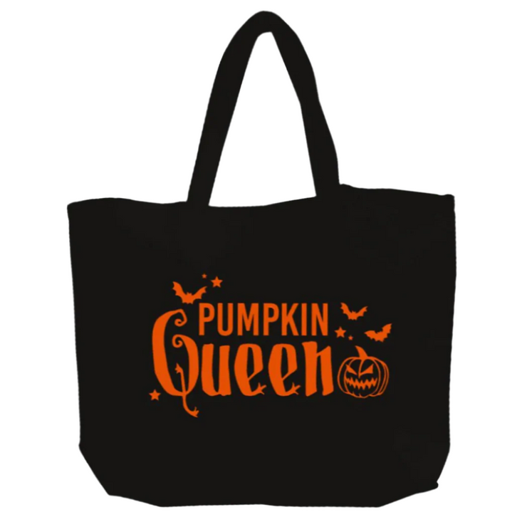 Black tote bag with 'Pumpkin Queen' text in orange on a white background